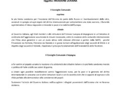 Prosegue la condivisione dell’ordine del giorno contro l’invasione russa dell’Ucraina e di solidarietà alle popolazioni colpite dal conflitto. Lunedì il punto alla capigruppo Prosegue la condivisione dell’ordine del giorno contro l’invasione russa dell’Ucraina e di solidarietà alle popolazioni colpite dal conflitto. Lunedì il punto alla capigruppo